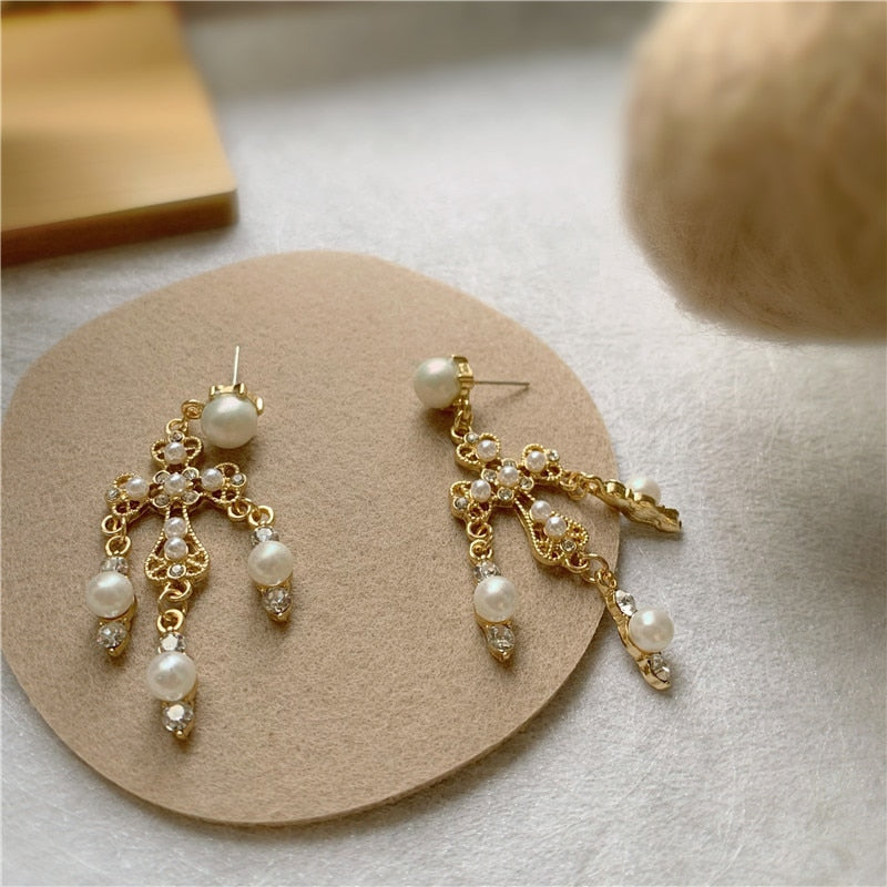 Big Cross Pearl Drop Long Earrings