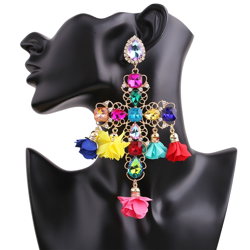 Long Statement Tassel Rhinestone Drop Earrings