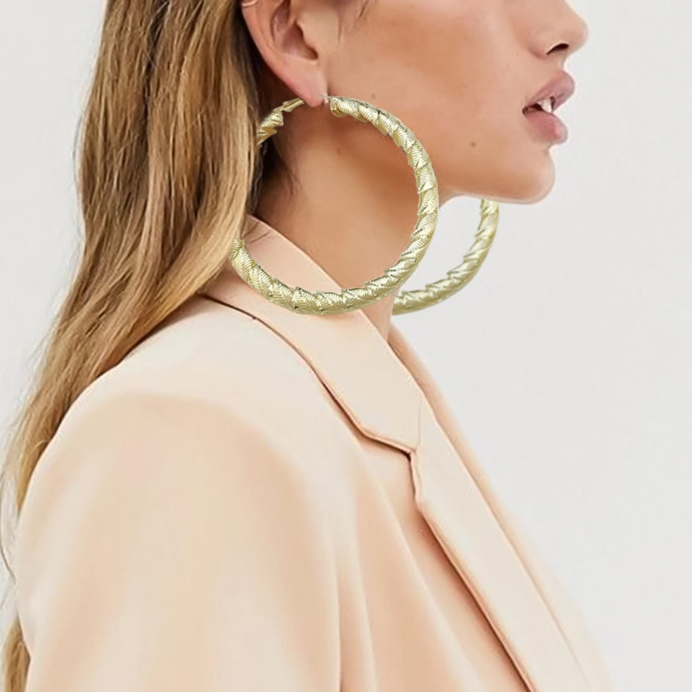 Chunky Metal Leaves Big Hoop Earrings Gold Colour