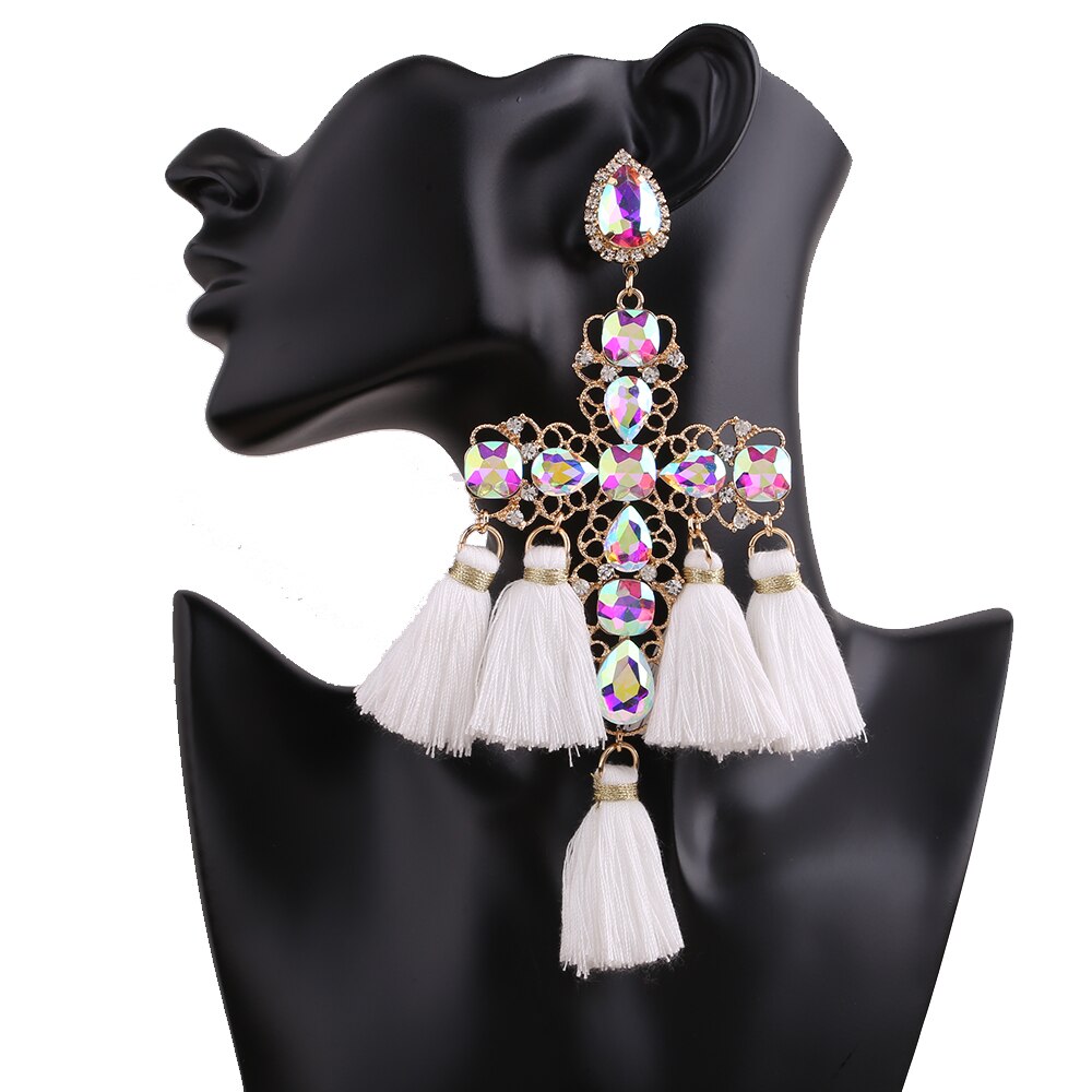 Long Statement Tassel Rhinestone Drop Earrings