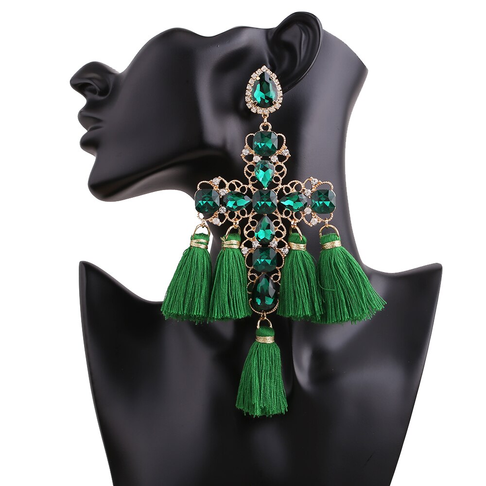 Long Statement Tassel Rhinestone Drop Earrings