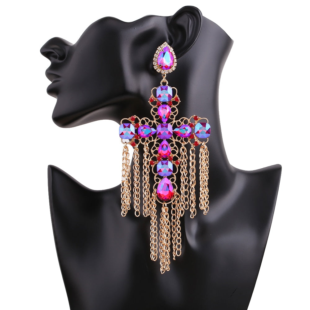 Long Statement Tassel Rhinestone Drop Earrings