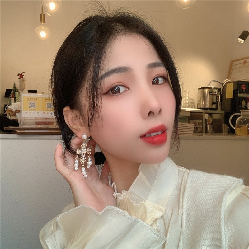 Big Cross Pearl Drop Long Earrings