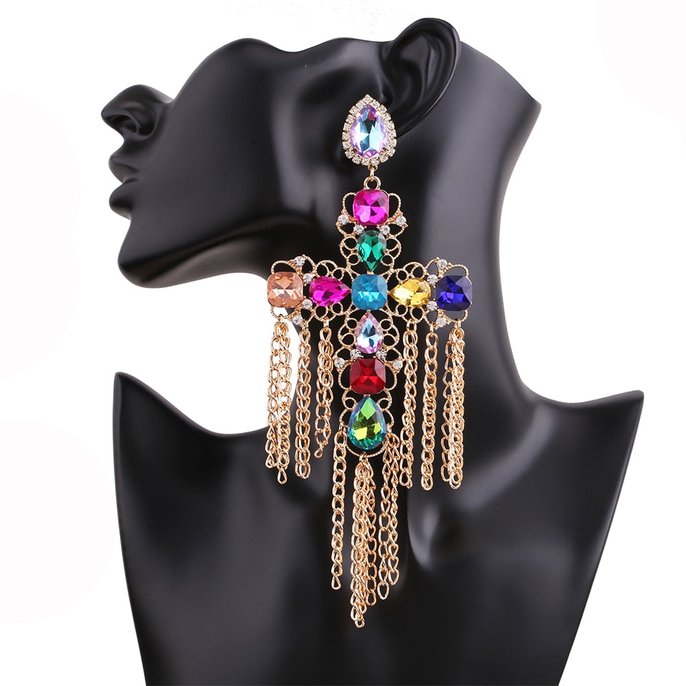 Long Statement Tassel Rhinestone Drop Earrings