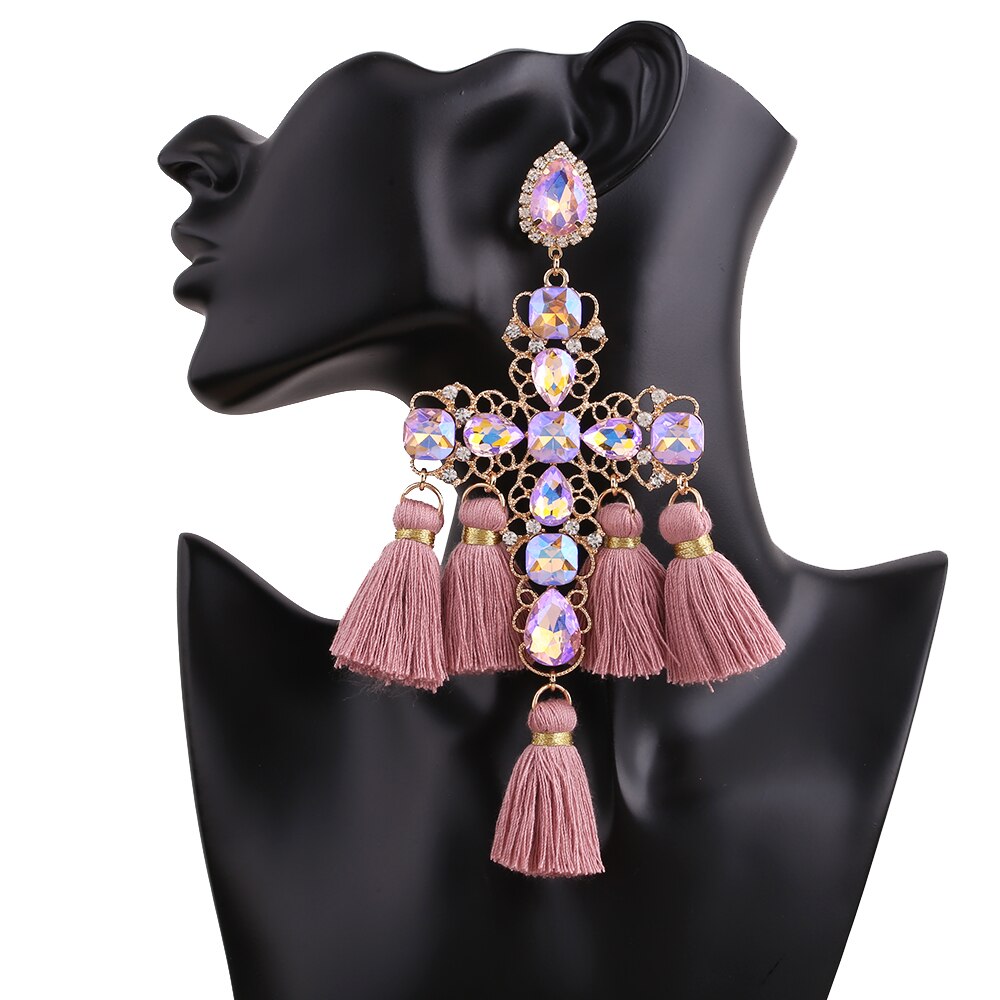 Long Statement Tassel Rhinestone Drop Earrings