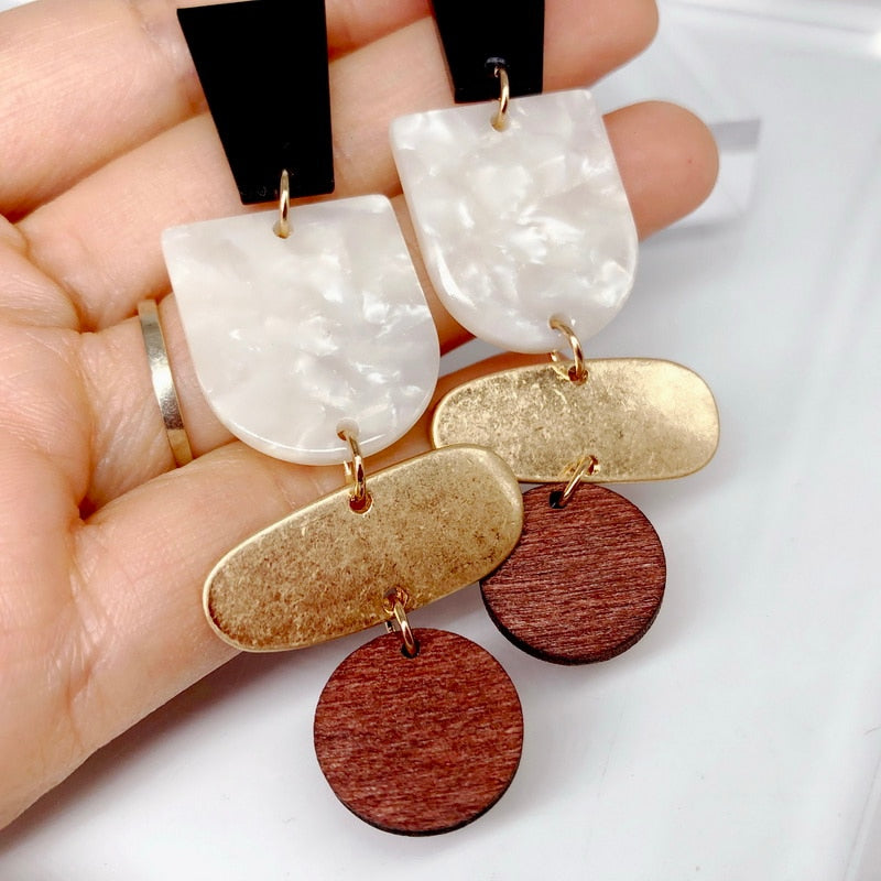 Fashion Acrylic Wood Alloy Long Dangle Earrings