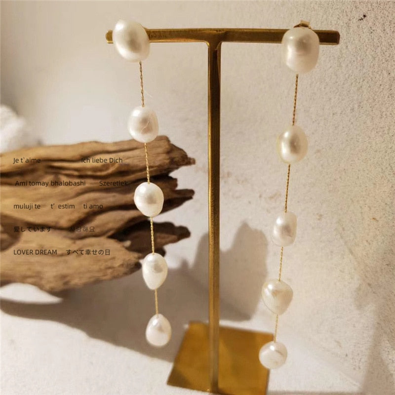 Long Thread Natural Freshwater Pearl Tassel Earrings