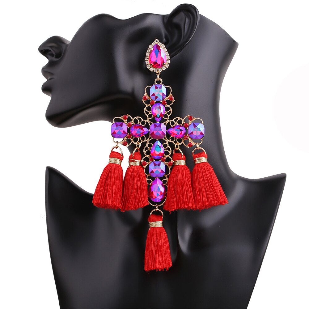 Long Statement Tassel Rhinestone Drop Earrings