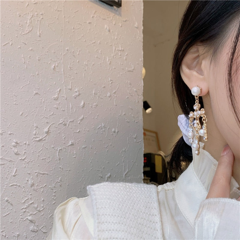 Big Cross Pearl Drop Long Earrings