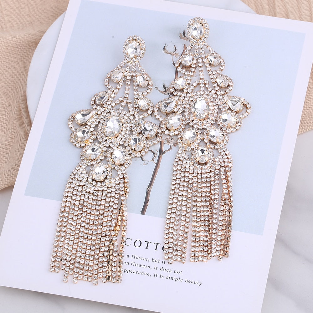 Long Statement Tassel Rhinestone Drop Earrings