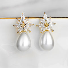 Luxury Pearl Stud AAA Cubic Zirconia Leaf Flower Earrings