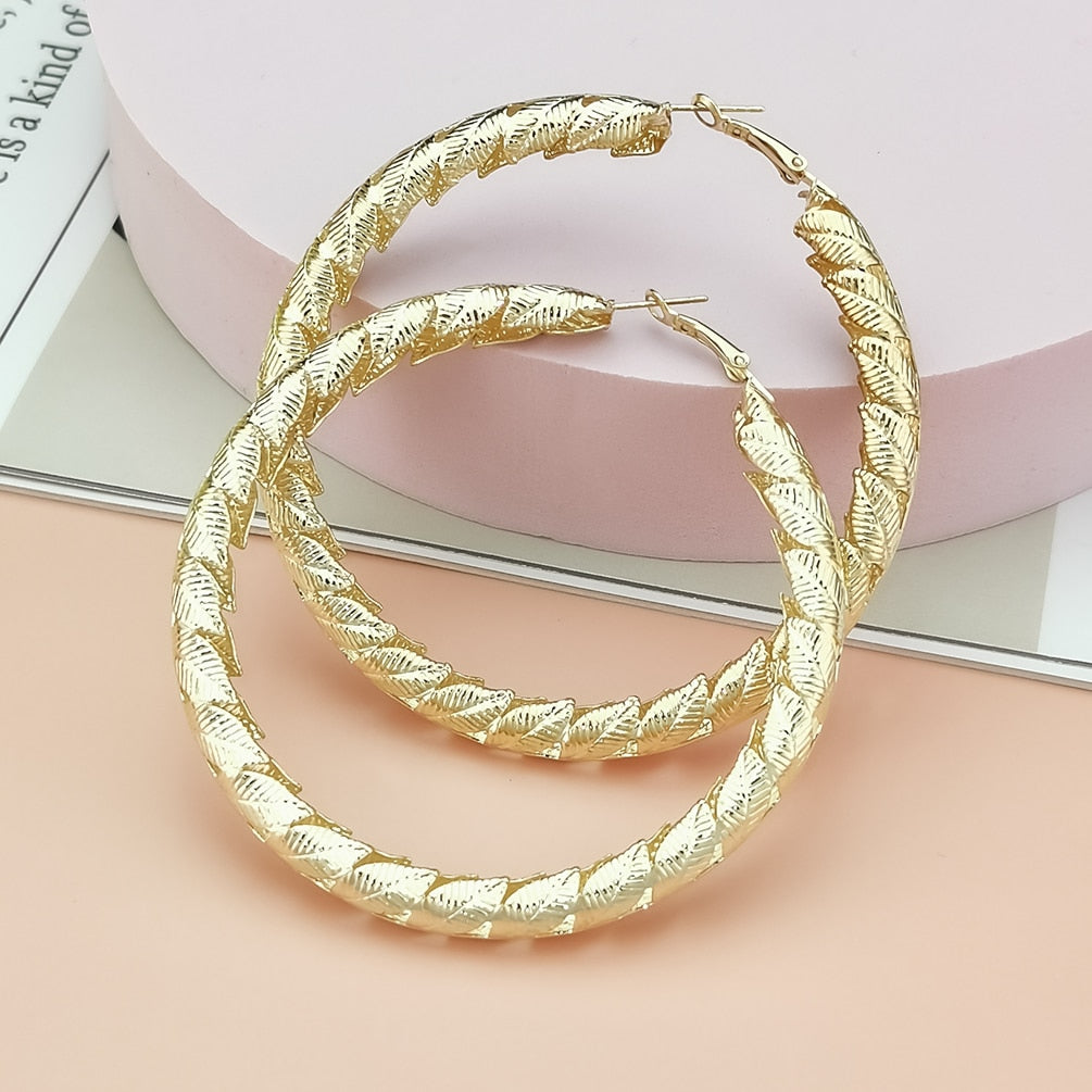 Chunky Metal Leaves Big Hoop Earrings Gold Colour