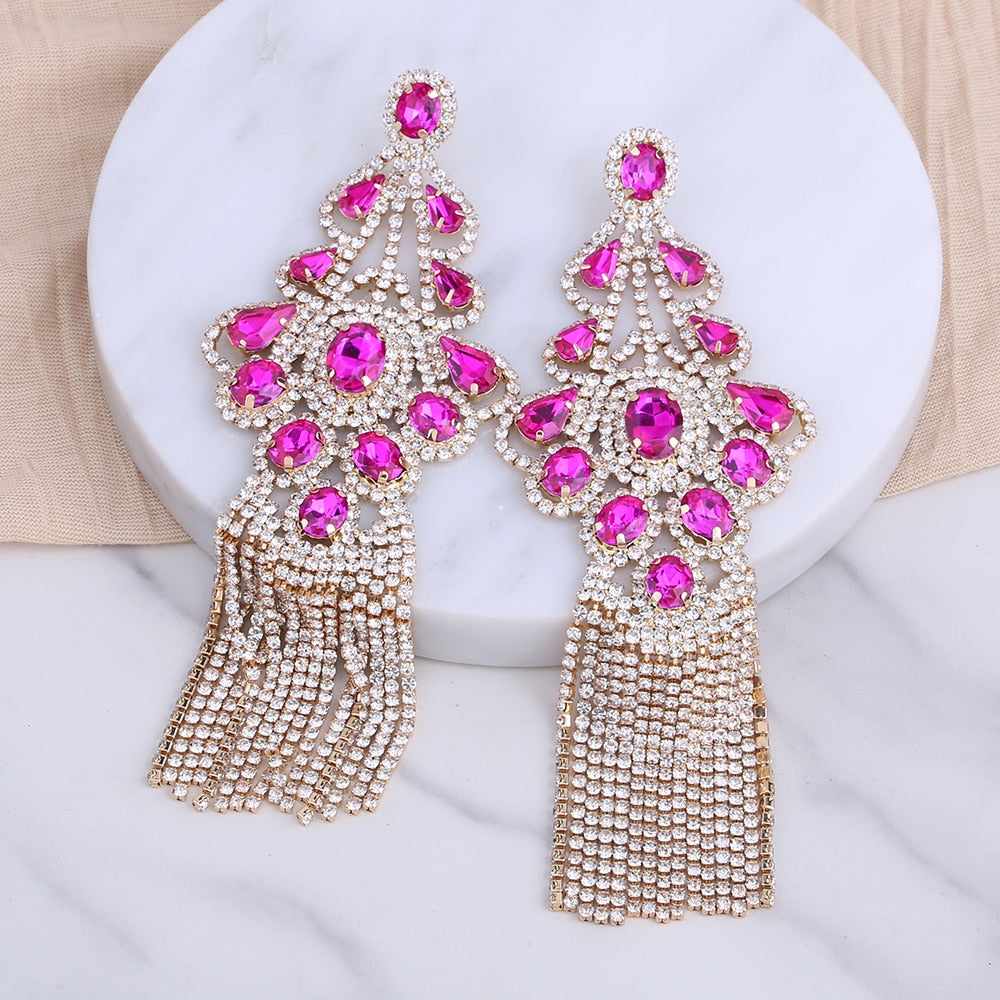 Long Statement Tassel Rhinestone Drop Earrings