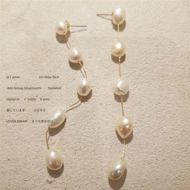 Long Thread Natural Freshwater Pearl Tassel Earrings