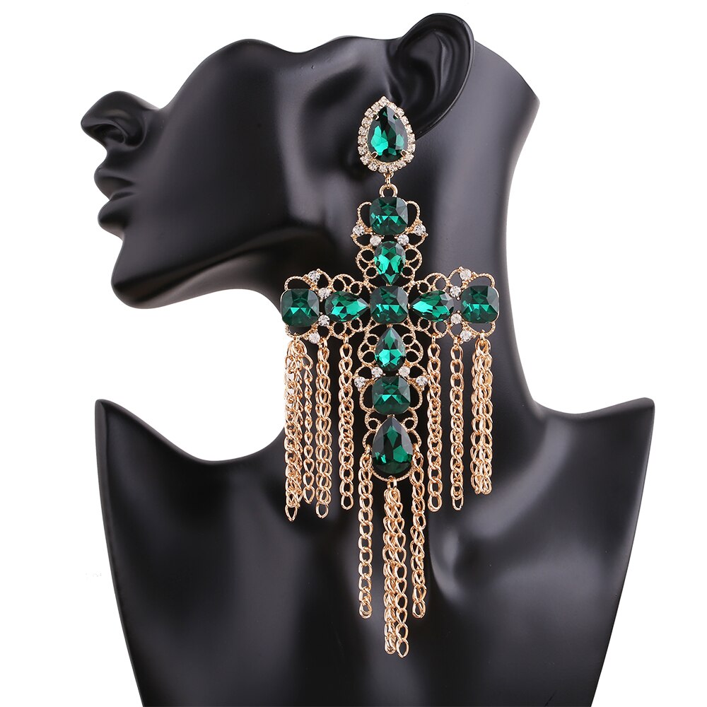 Long Statement Tassel Rhinestone Drop Earrings