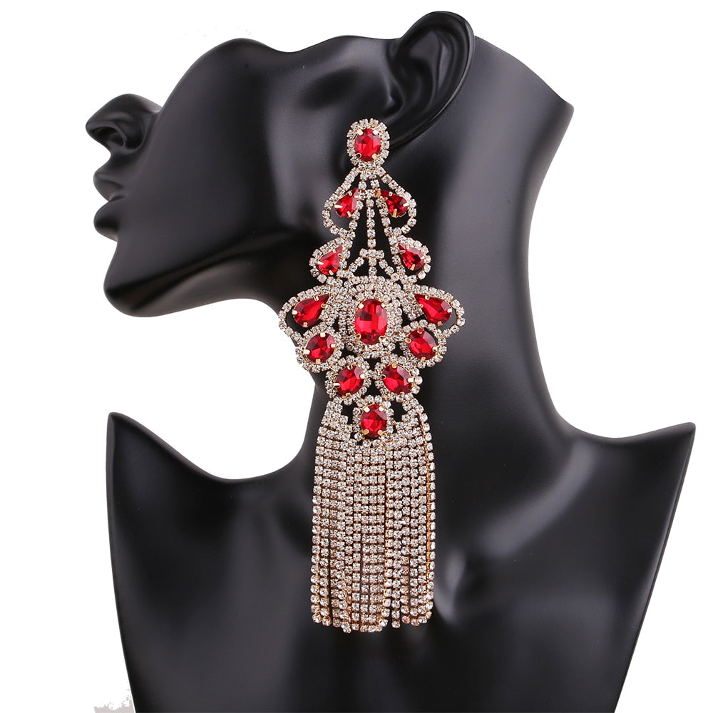 Long Statement Tassel Rhinestone Drop Earrings