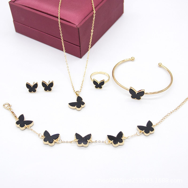 Elegant 5pcs/set Butterfly, Flower, Heart Shape Earrings Necklace Ring & Bracelet