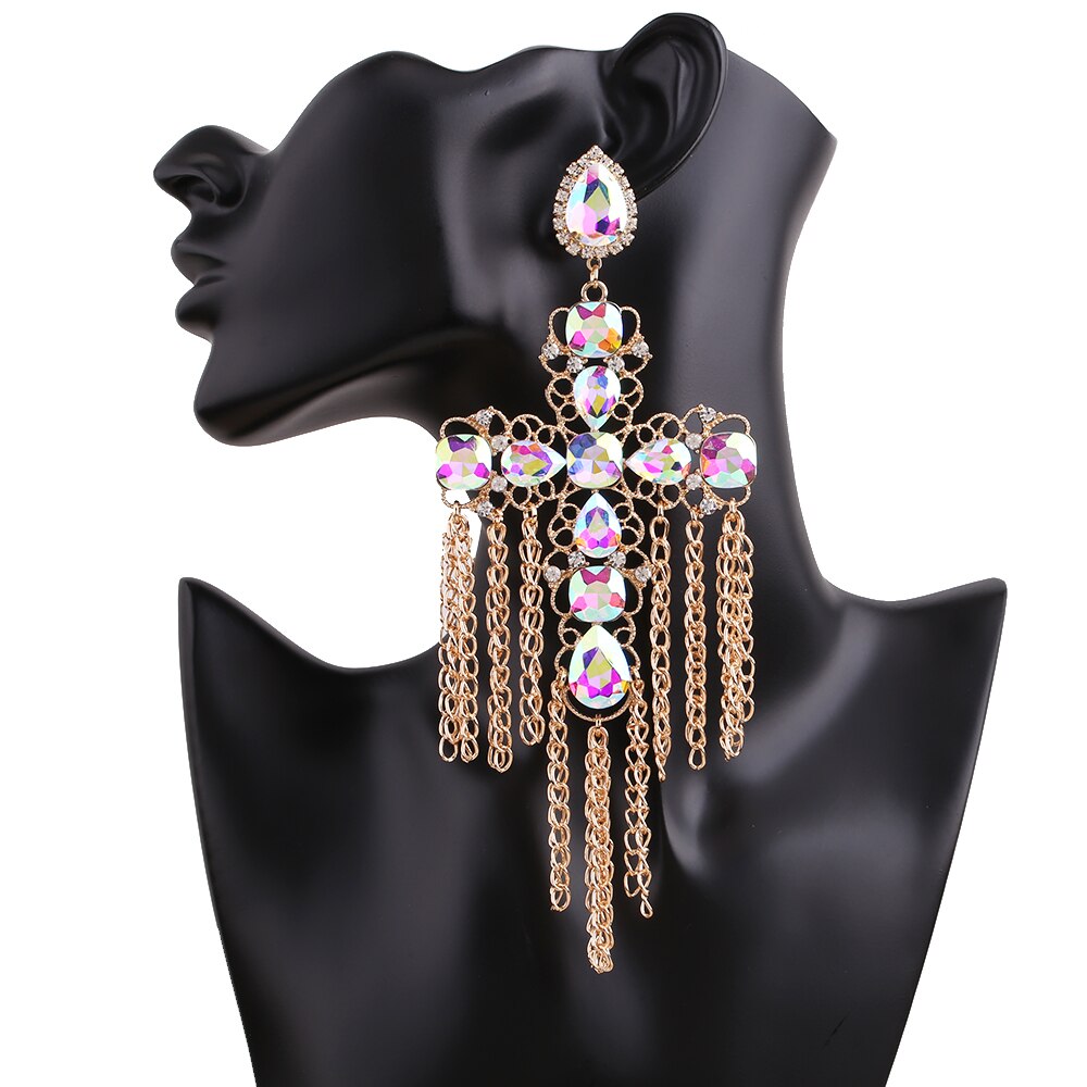 Long Statement Tassel Rhinestone Drop Earrings