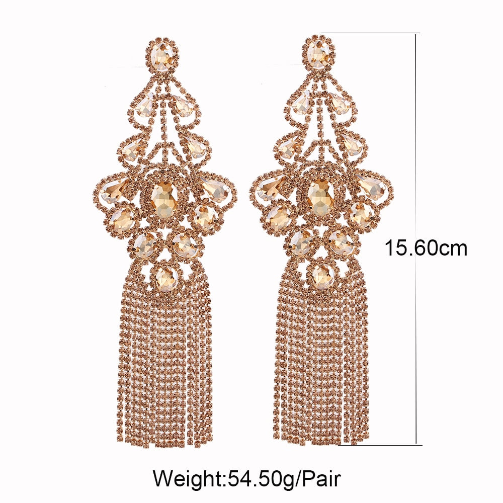 Long Statement Tassel Rhinestone Drop Earrings