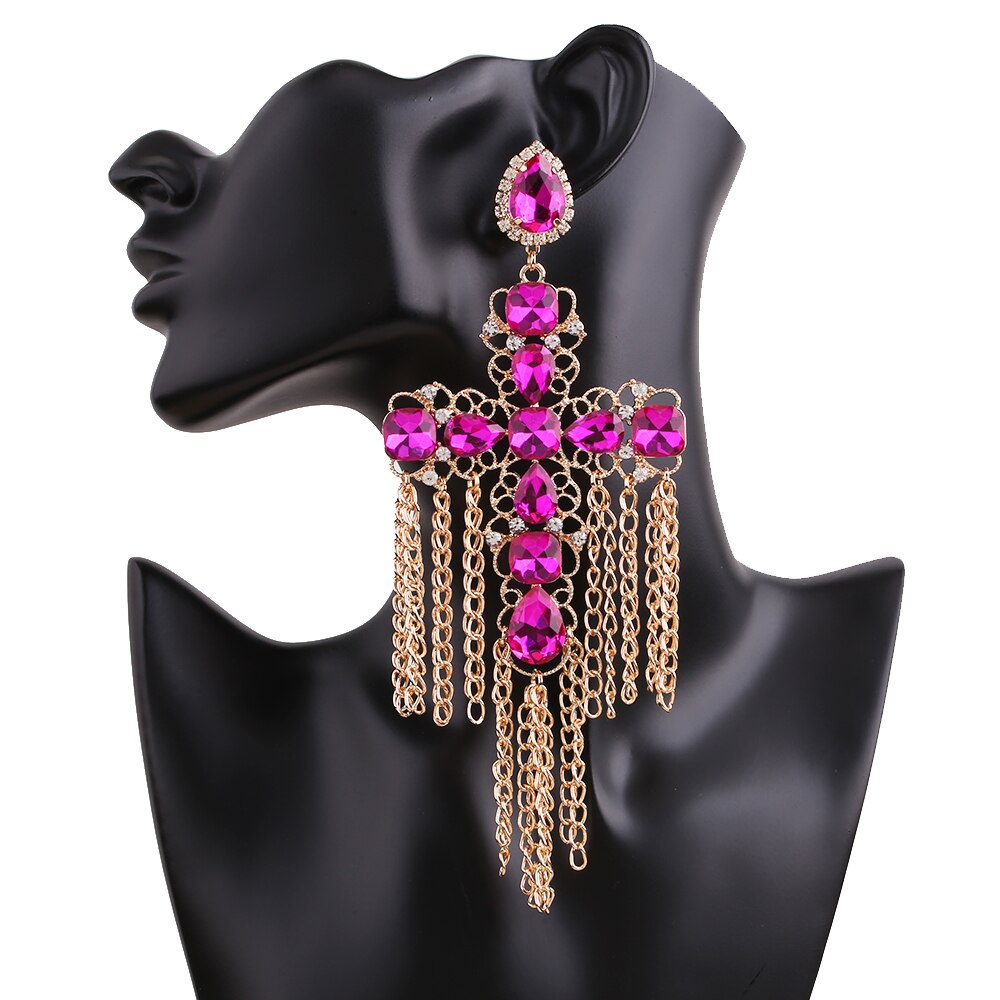 Long Statement Tassel Rhinestone Drop Earrings