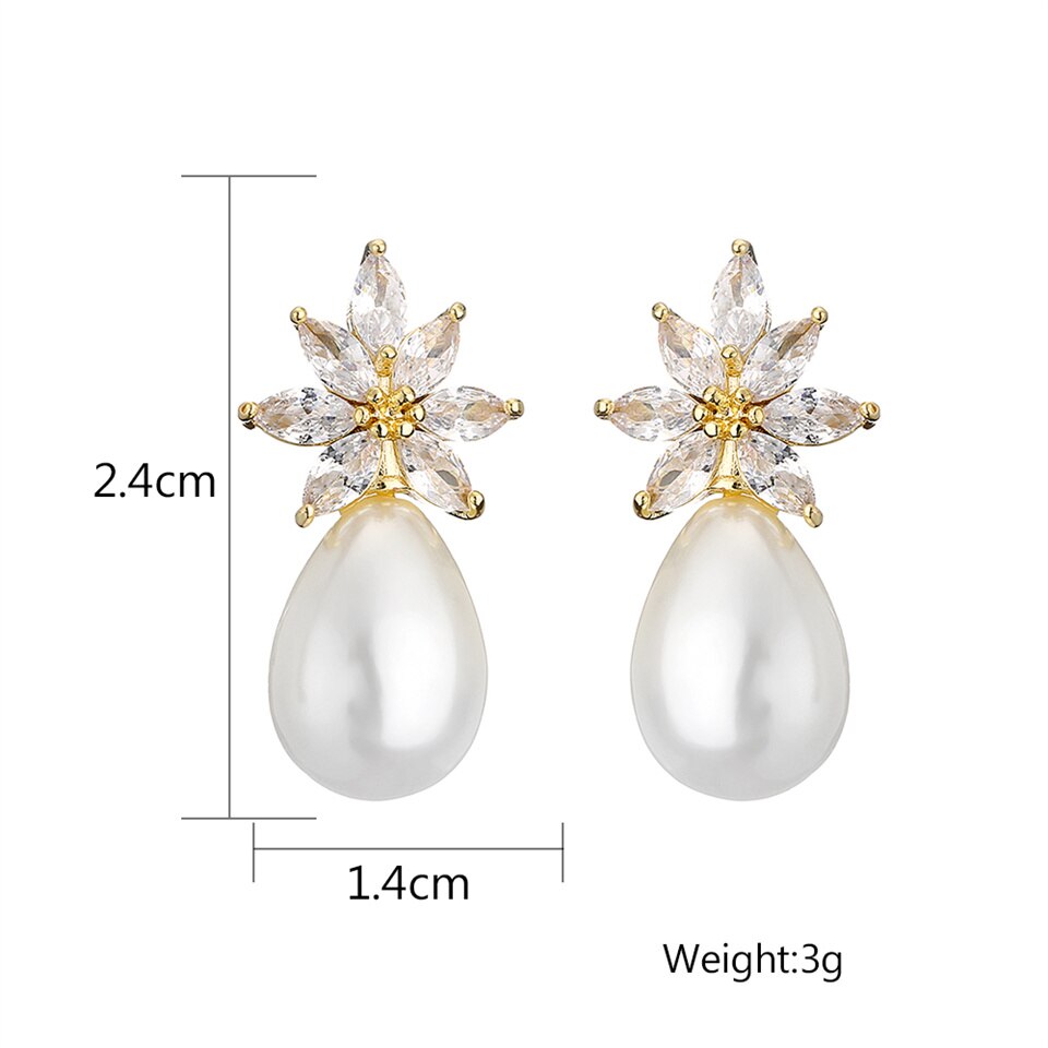 Luxury Pearl Stud AAA Cubic Zirconia Leaf Flower Earrings